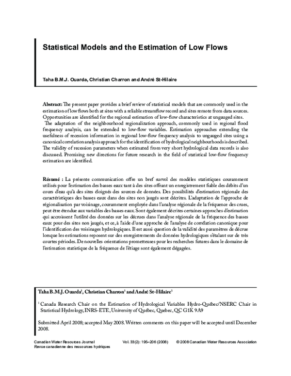 (PDF) Statistical Models and the Estimation of Low Flows