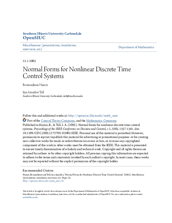 (PDF) Normal forms for nonlinear discrete time control systems