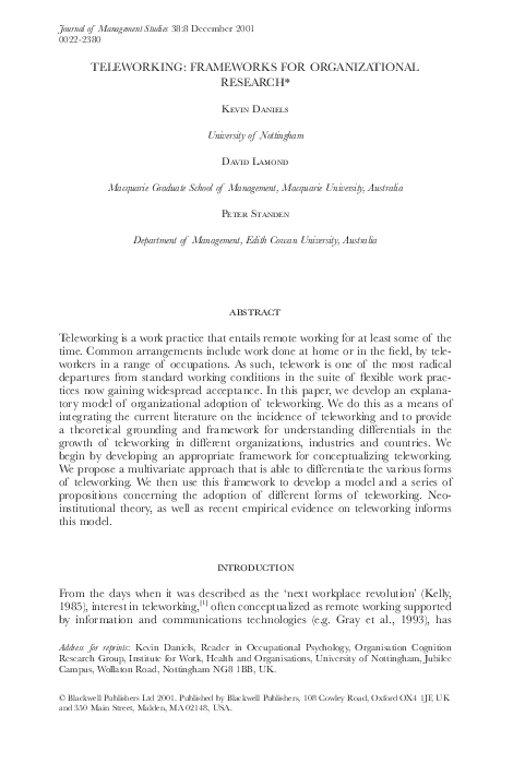 (PDF) Teleworking: Frameworks for Organizational Research