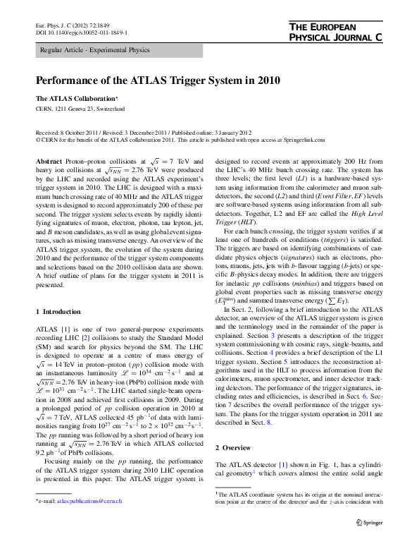 (PDF) Performance of the ATLAS Trigger System in 2010