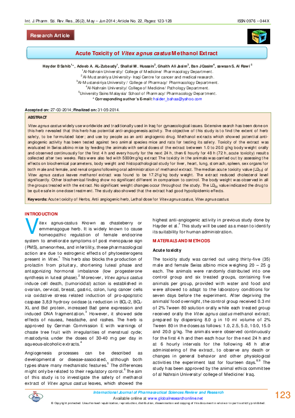 (PDF) Acute Toxicity of Vitex agnus castus Methanol Extract