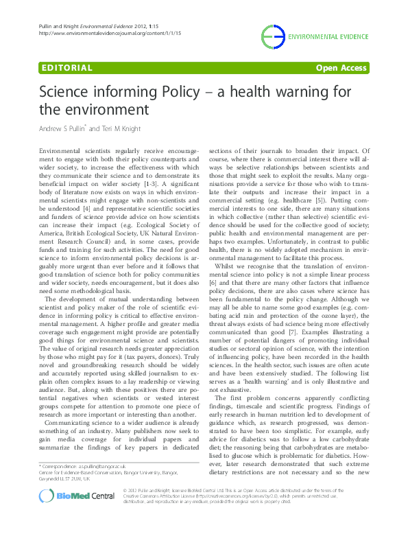(PDF) Science informing Policy – a health warning for the environment