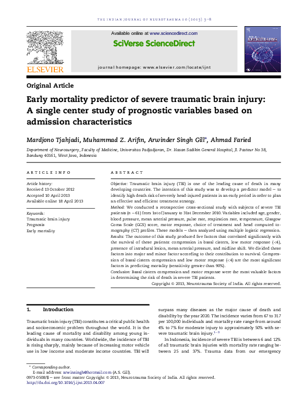 (PDF) Early mortality predictor of severe traumatic brain injury: A ...