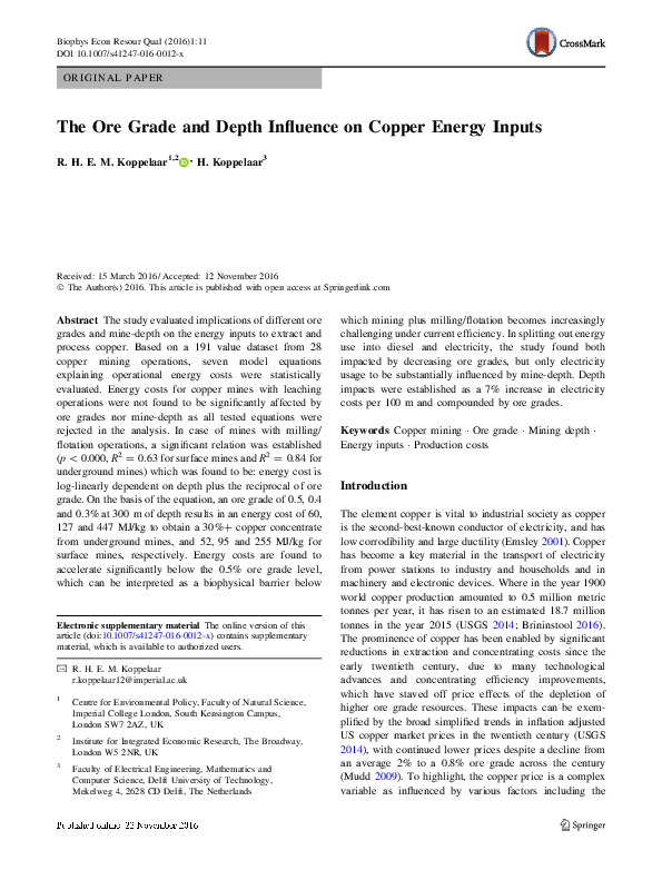 (PDF) Koppelaar R.H.E.M., Koppelaar H., (2016) The Ore Grade and Depth