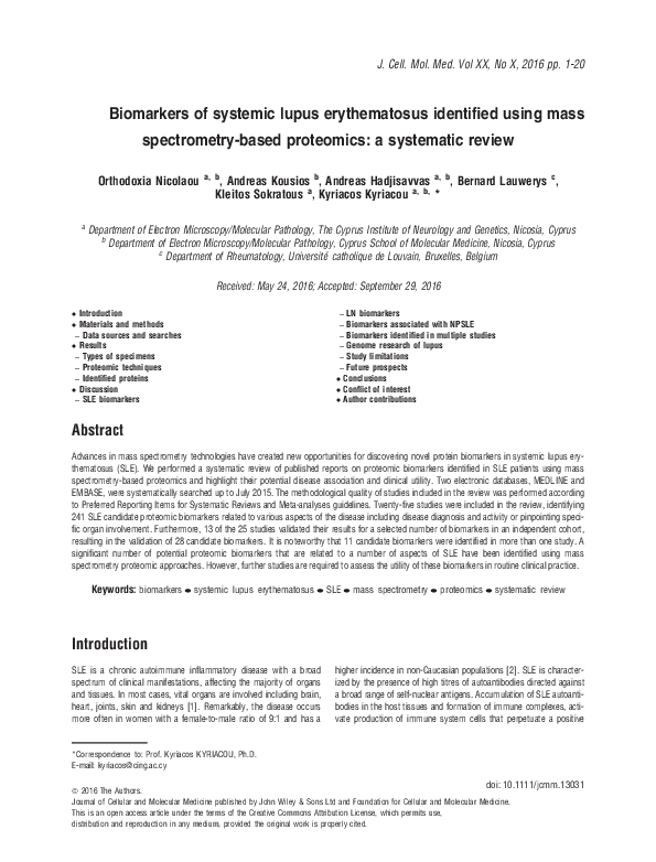 (PDF) Biomarkers of systemic lupus erythematosus identified using mass ...