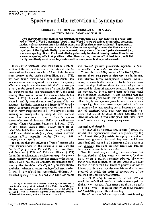 (PDF) Spacing and the retention of synonyms Douglas Hintzman