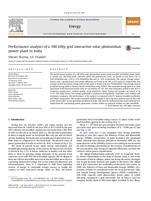 (PDF) Performance analysis of a 190 kWp grid interactive solar ...