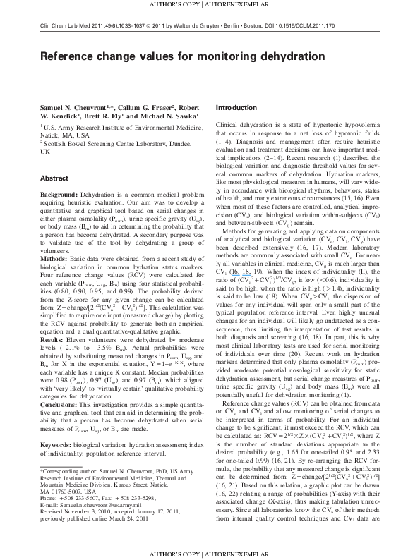 (PDF) Reference change values for monitoring dehydration