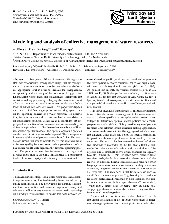 (PDF) Modeling and analysis of collective management of water resources Philippe Fortemps