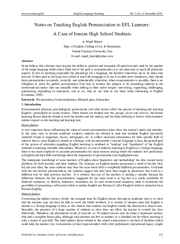 Pdf Notes On Teaching English Pronunciation To Efl Learners A Case