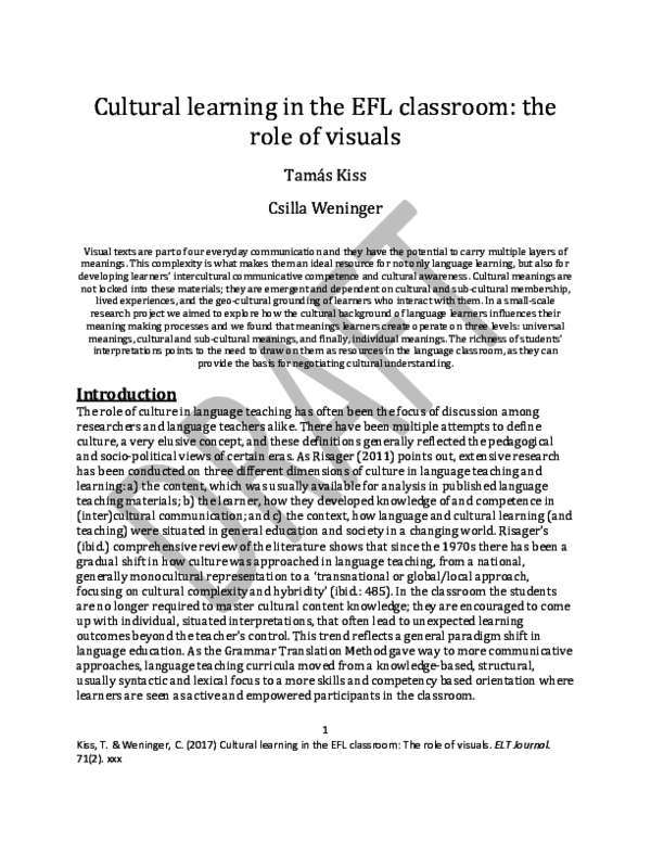 (PDF) Cultural learning in the EFL classroom: the role of visuals