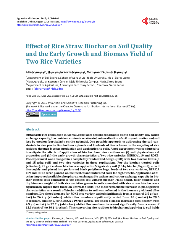 (PDF) Effect of Rice Straw Biochar on Soil Quality and the Early Growth ...