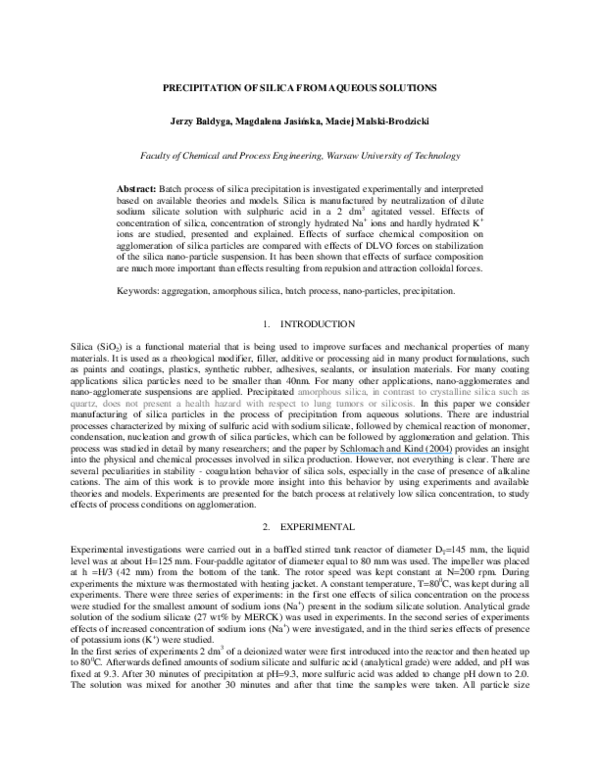 (PDF) Precipitation of Silica from Aqueous Solutions