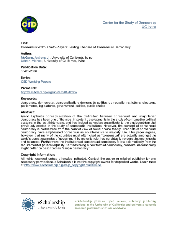 (PDF) Consensus Without Veto-Players: Testing Theories of Consensual ...