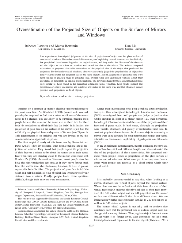 (PDF) Overestimation of the Projected Size of Objects on the Surface of Mirrors and Windows