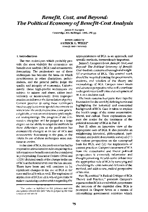 Benefit, cost, and beyond: The political economy of benefit-cost analysis James T. Campen Cambridge, MA: Ballinger, 1986, 256 pp