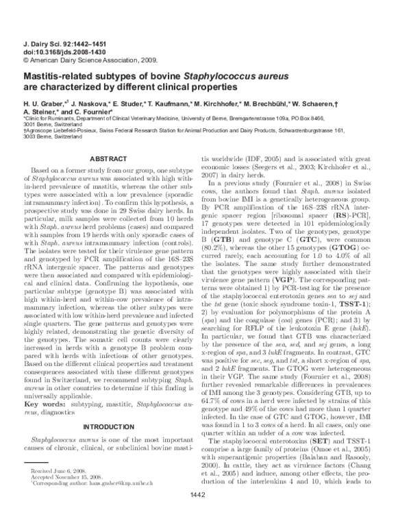 (PDF) Mastitisrelated subtypes of bovine Staphylococcus aureus are
