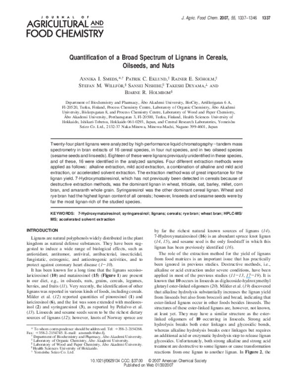 Pdf Quantification Of A Broad Spectrum Of Lignans In Cereals Oilseeds And Nuts Annika I Smeds Bjarne Holmbom And Stefan Willfor Academia Edu