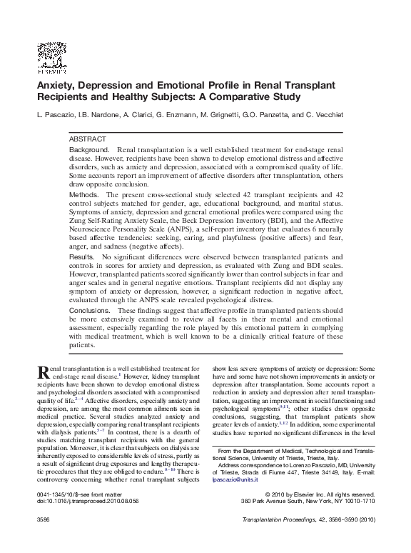 (PDF) Anxiety, Depression and Emotional Profile in Renal Transplant