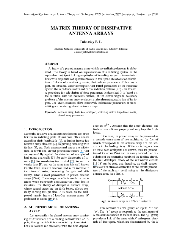 (PDF) Matrix theory of dissipative antenna arrays