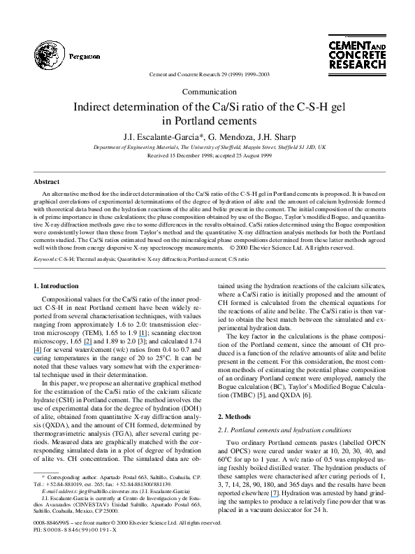 Pdf Indirect Determination Of The Ca Si Ratio Of The Csh Gel In Portland Cements J Ivan Escalante Academia Edu