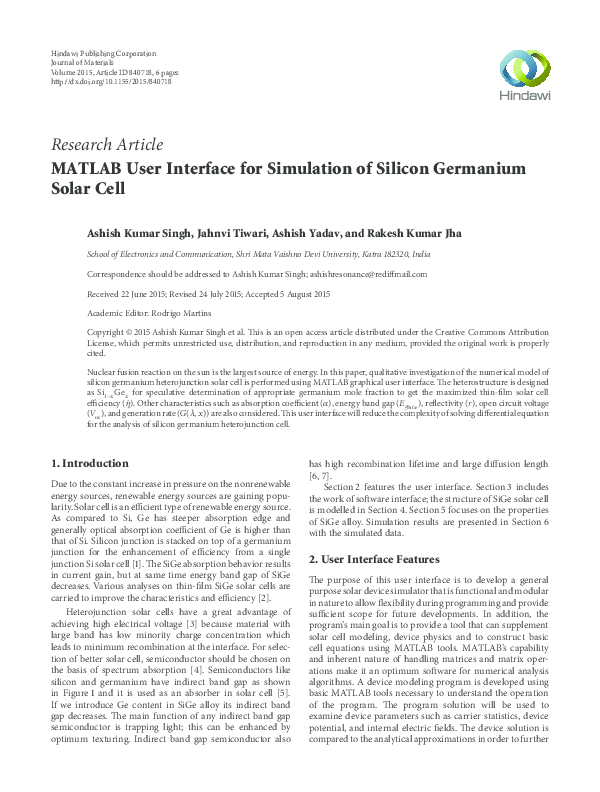 (PDF) MATLAB User Interface for Simulation of Silicon Germanium Solar Cell