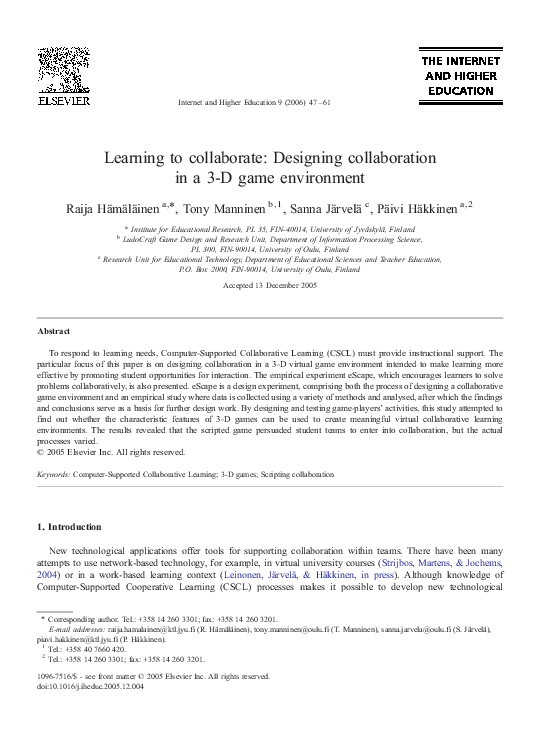 (PDF) Learning to collaborate: Designing collaboration in a 3-D game ...