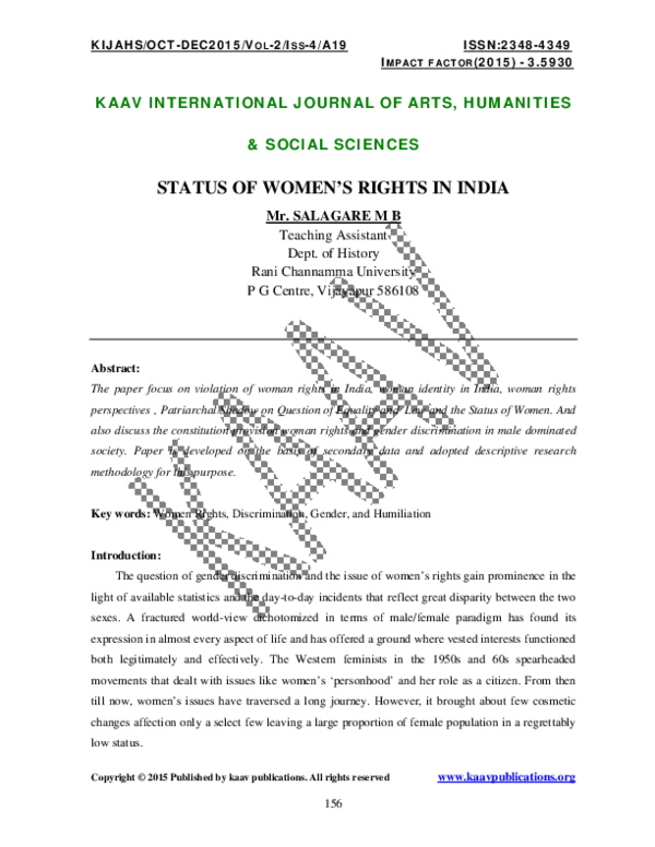 (PDF) STATUS OF WOMEN'S RIGHTS IN INDIA Dr. Salagare M.B Academia.edu