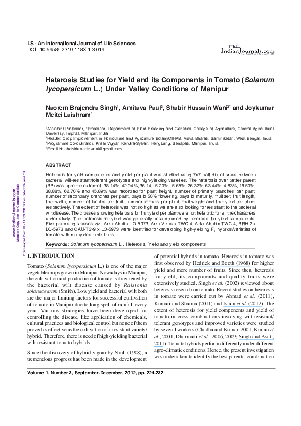 (PDF) Heterosis Studies for Yield and its Components in Tomato (Solanum ...