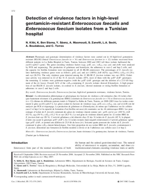 (PDF) Detection of virulence factors in high-level gentamicin-resistant ...