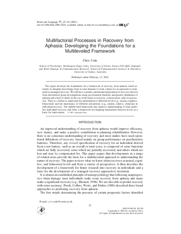 (PDF) Multifactorial processes in recovery from aphasia: developing the ...