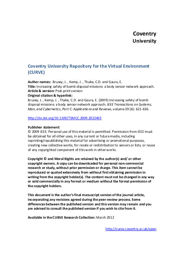 (PDF) Increasing Safety of Bomb Disposal Missions A Body Sensor