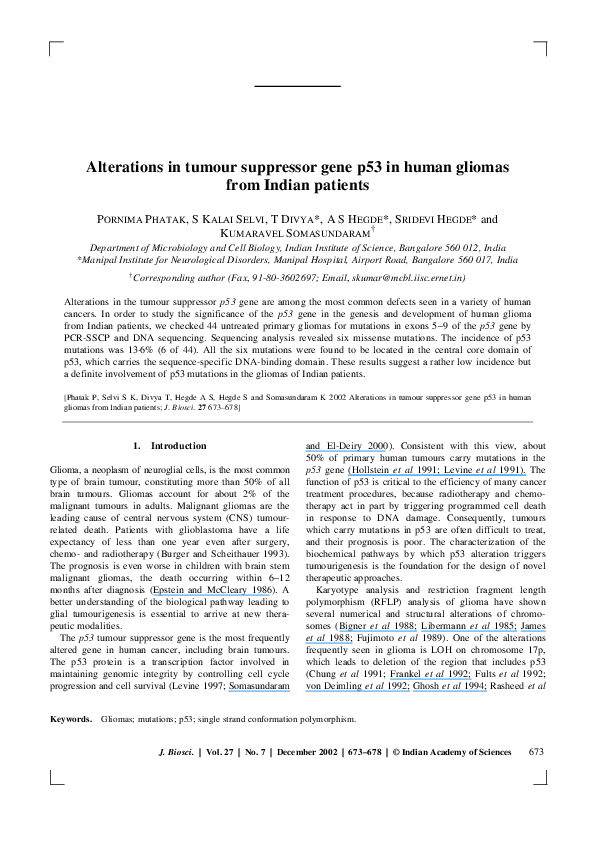 (PDF) Alterations in tumour suppressor gene p53 in human gliomas from ...