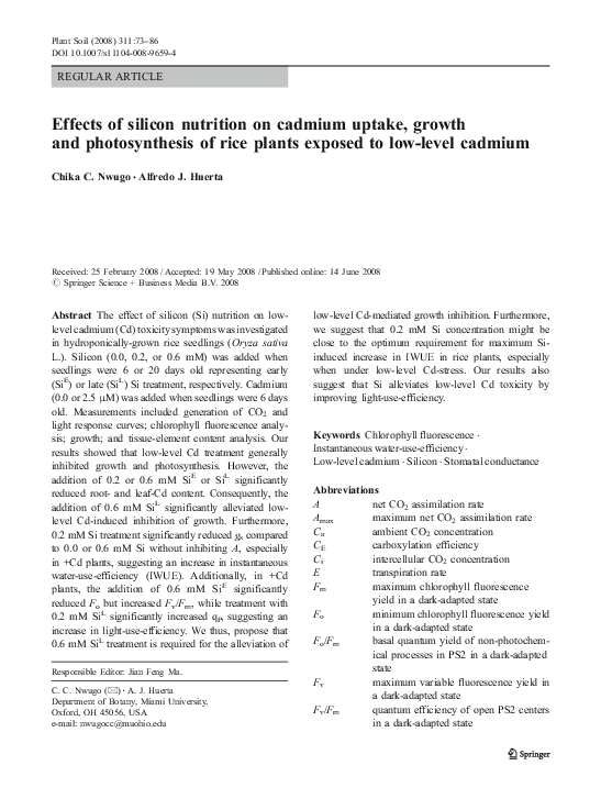 (PDF) Effects of silicon nutrition on cadmium uptake, growth and ...