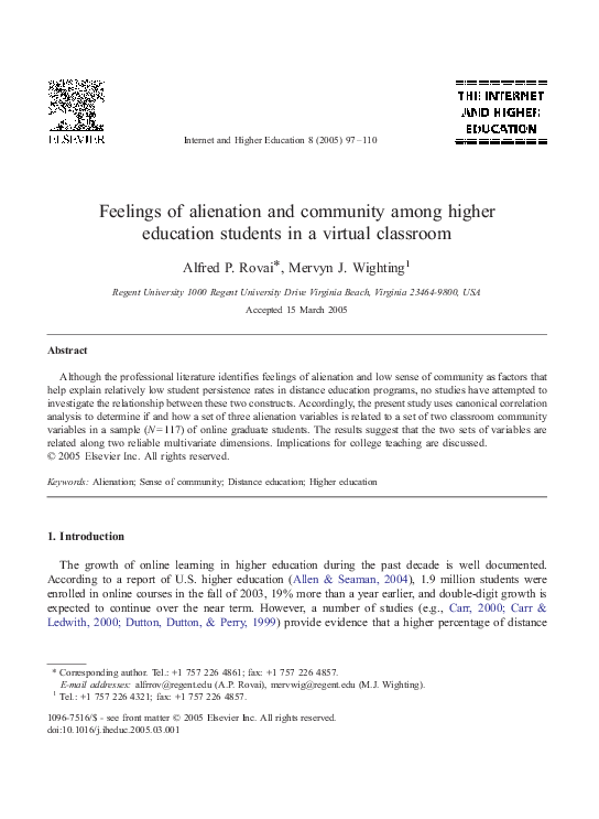 (PDF) Feelings of alienation and community among higher education ...