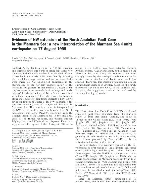 (PDF) Evidence of NW extension of the North Anatolian Fault Zone in the ...