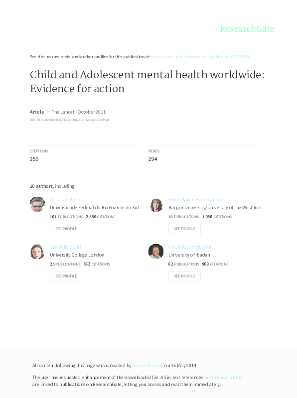 (PDF) Child and adolescent mental health worldwide: evidence for action
