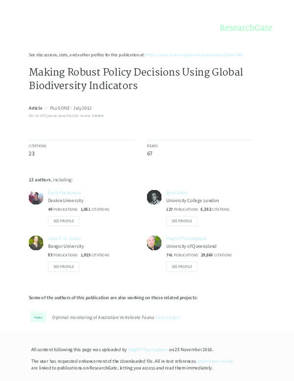 (PDF) Making robust policy decisions using global biodiversity indicators