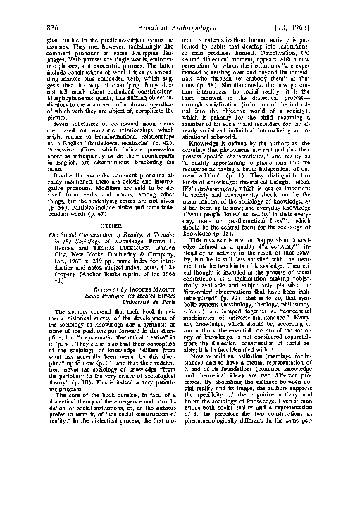 (PDF) The social construction of reality a treatise in the sociology