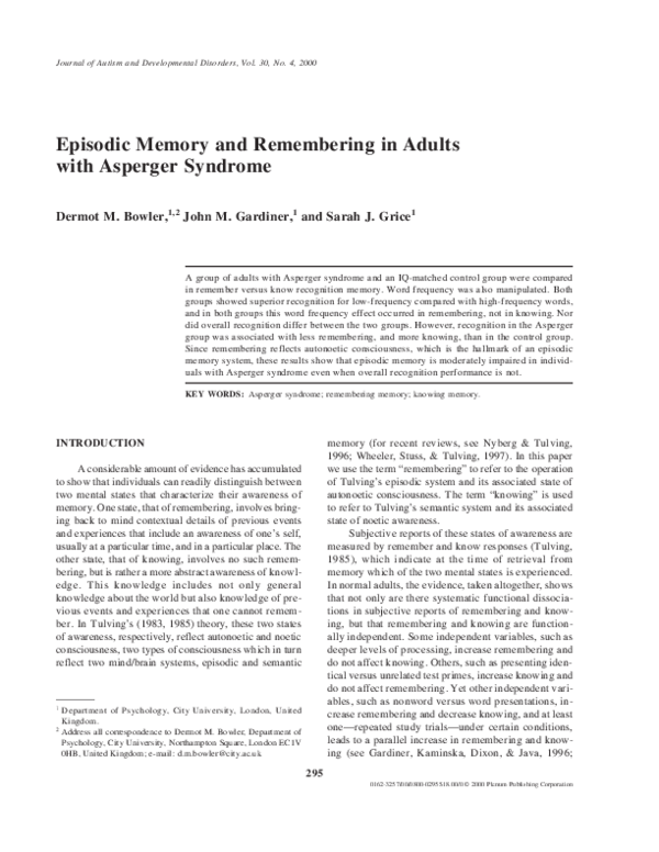 (PDF) Episodic Memory and Remembering in Adults with Asperger Syndrome