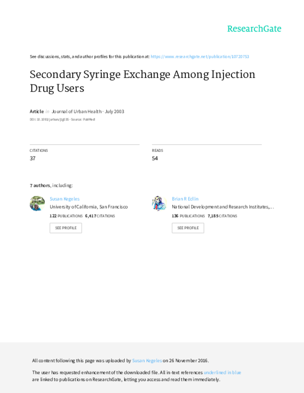 (PDF) Secondary syringe exchange among injection drug users Brian