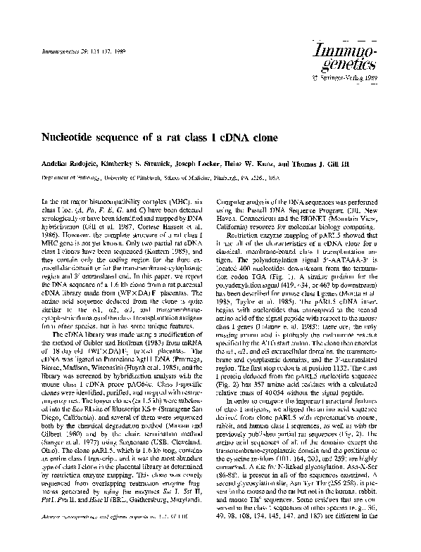 (PDF) Nucleotide sequence of a rat class I cDNA clone