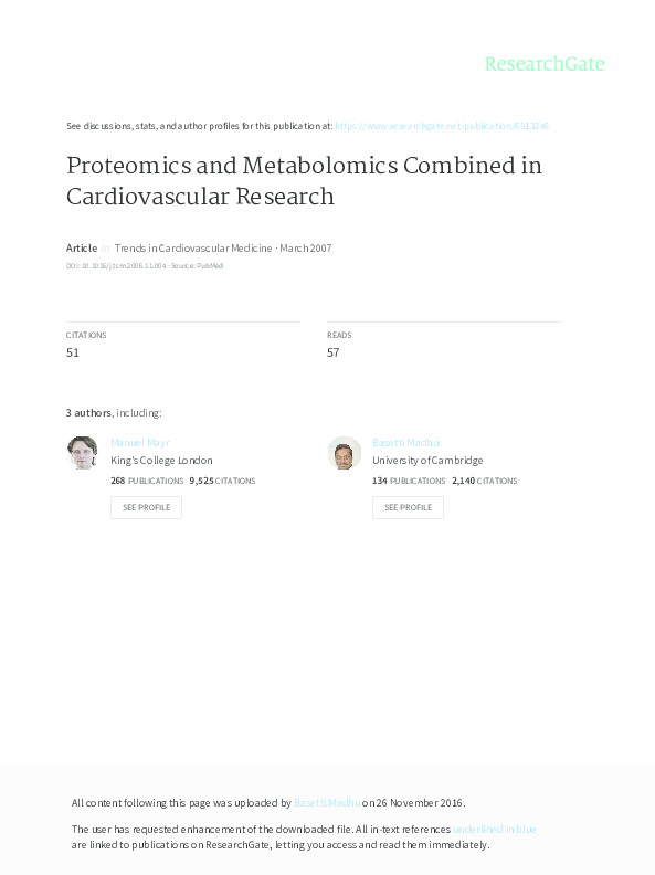 (PDF) Proteomics and Metabolomics Combined in Cardiovascular Research