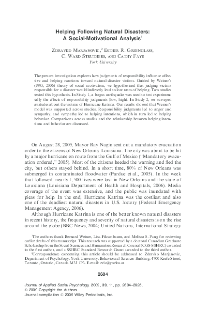 (PDF) Helping Following Natural Disasters: A Social-Motivational Analysis