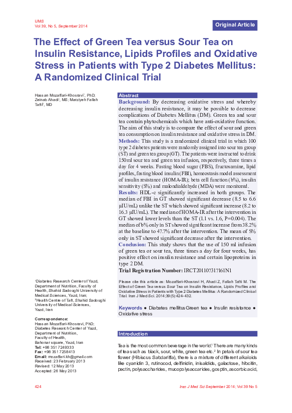 (PDF) The Effect of Green Tea versus Sour Tea on Insulin Resistance ...