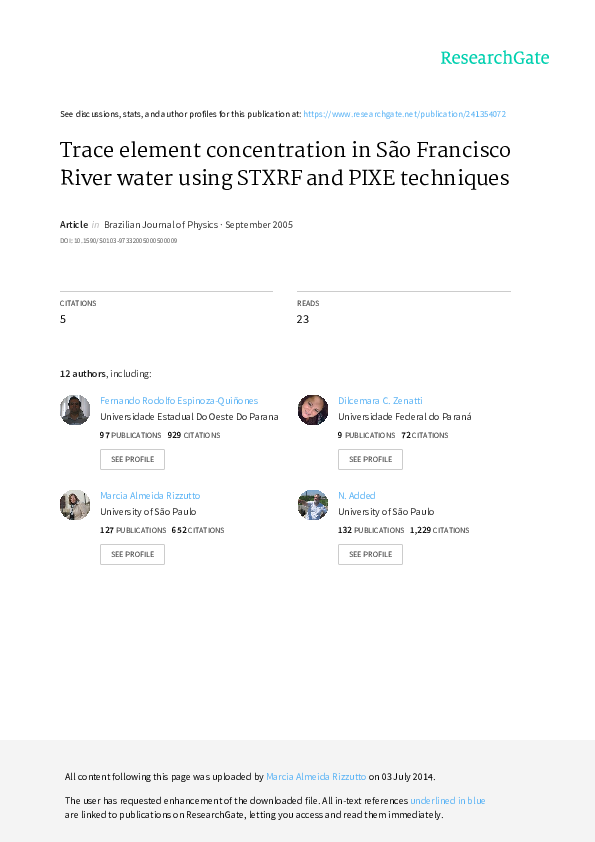 (PDF) Trace element concentration in São Francisco River water using STXRF and PIXE techniques