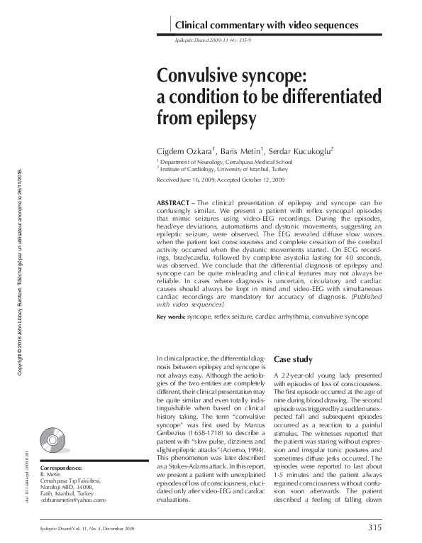 (PDF) Convulsive syncope a condition to be differentiated from