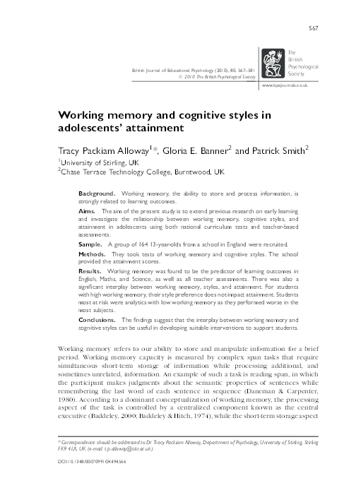 (PDF) Working memory and cognitive styles in adolescents' attainment
