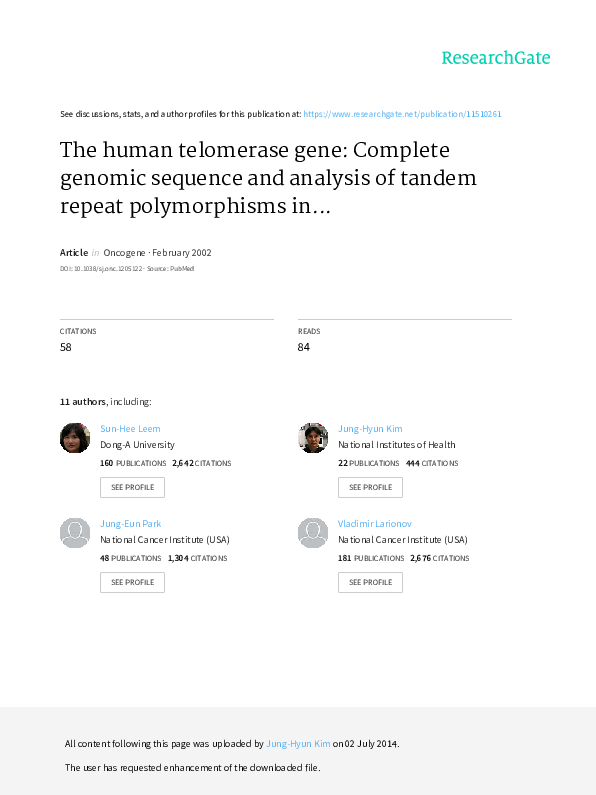 (PDF) The human telomerase gene: complete genomic sequence and analysis ...