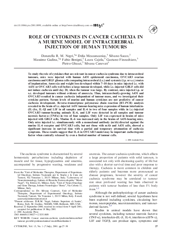 (PDF) ROLE OF CYTOKINES IN CANCER CACHEXIA IN A MURINE MODEL OF ...